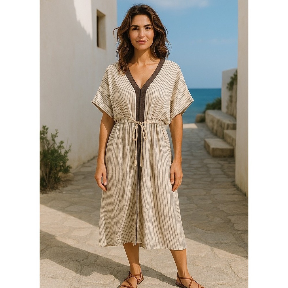 Mirth Dress Bohemian Drawstring S/M Handmade Edition Stripe Caftan‎